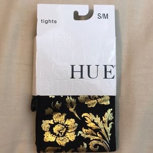 HUE S/M tights: Black with metallic gold floral